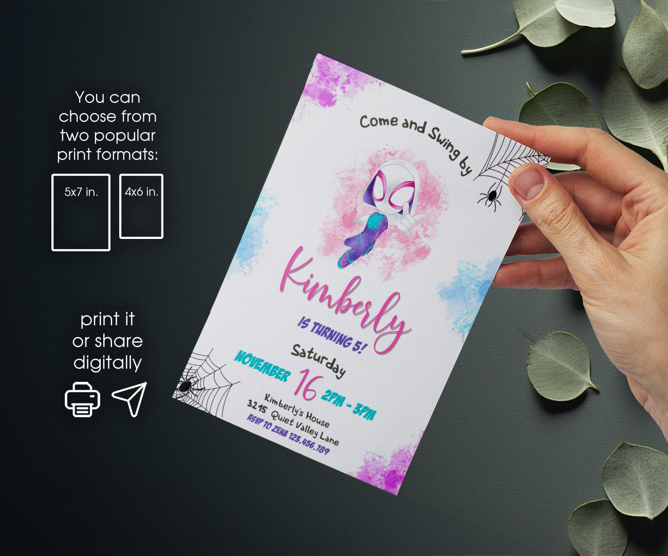 Spider Gwen Ghost Spidey customizable invitation template | Share or Print | girl | AJ612