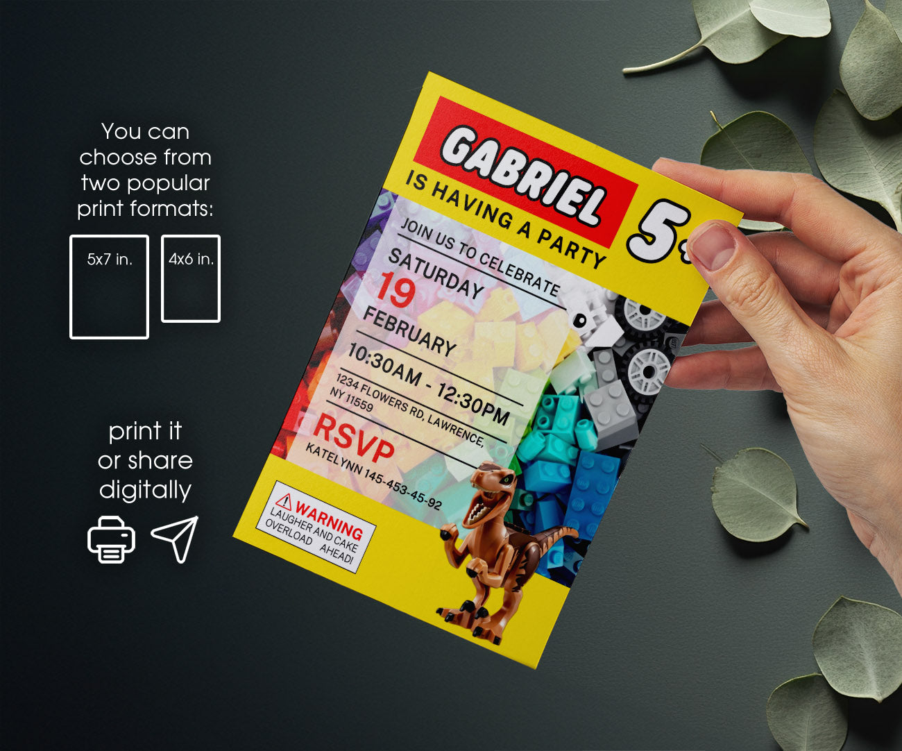 Lego Dinosaur T-Rex customizable invitation template | Share or Print | FG130