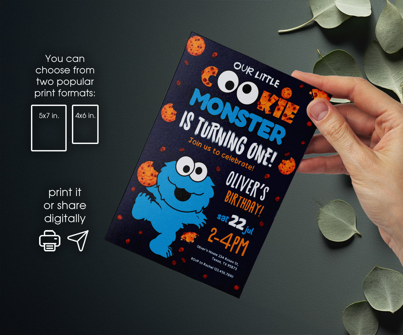 Sesame Street Cookie Monster customizable invitation template | Share or Print | GQ954