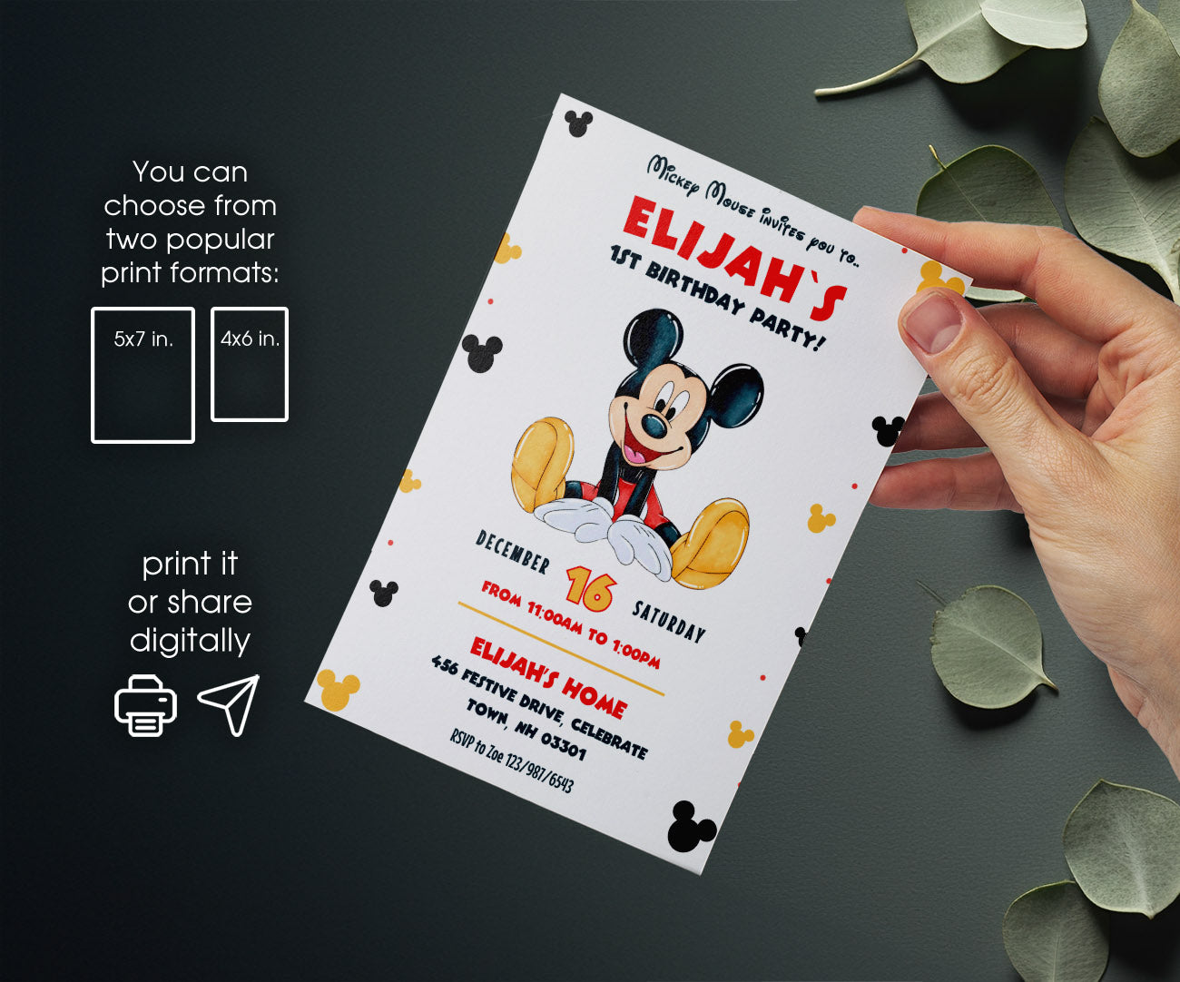 Mickey Mouse 1st Birthday customizable invitation template | Share or Print | VT342