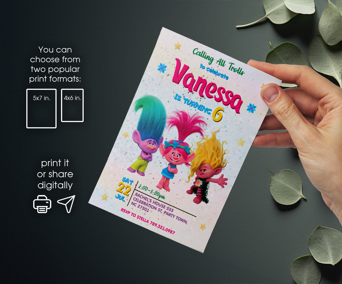 Trolls Poppy customizable invitation template | Share or Print | YT101
