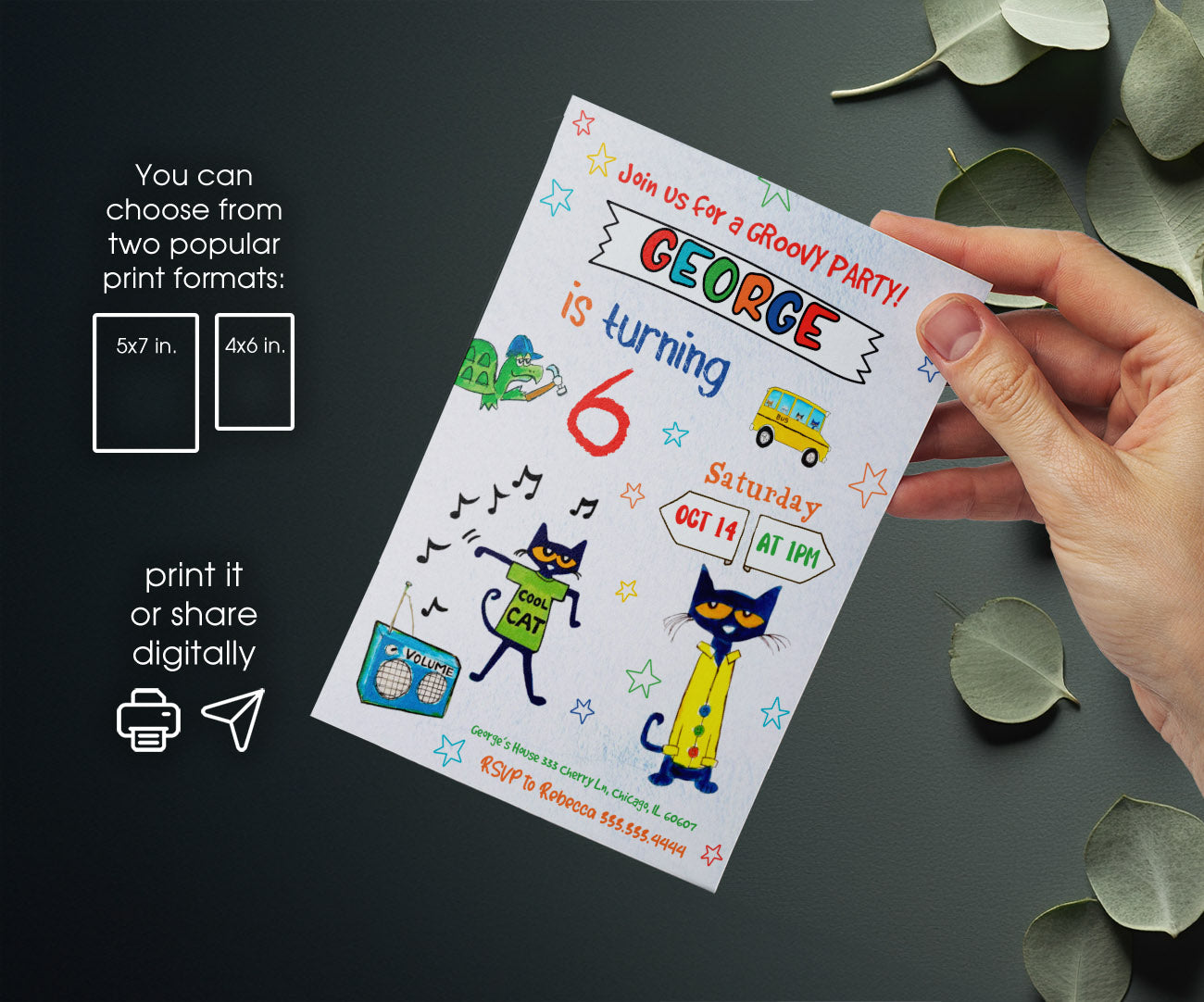 Pete the Cat customizable invitation template | Share or Print | PV508