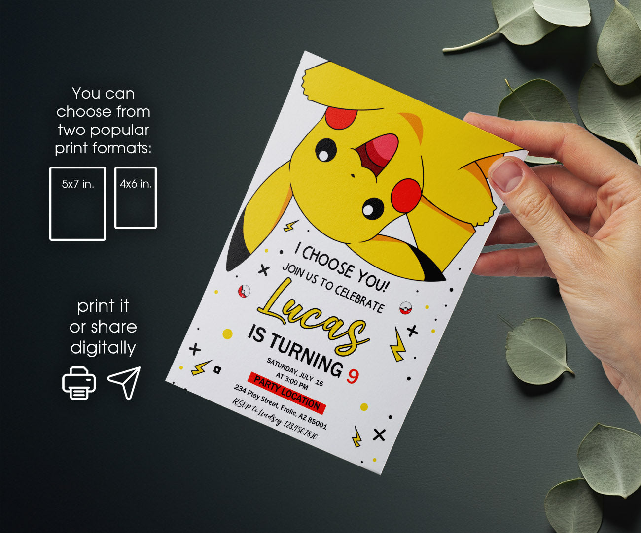 Pokemon Pikachu customizable invitation template | Share or Print | FD968