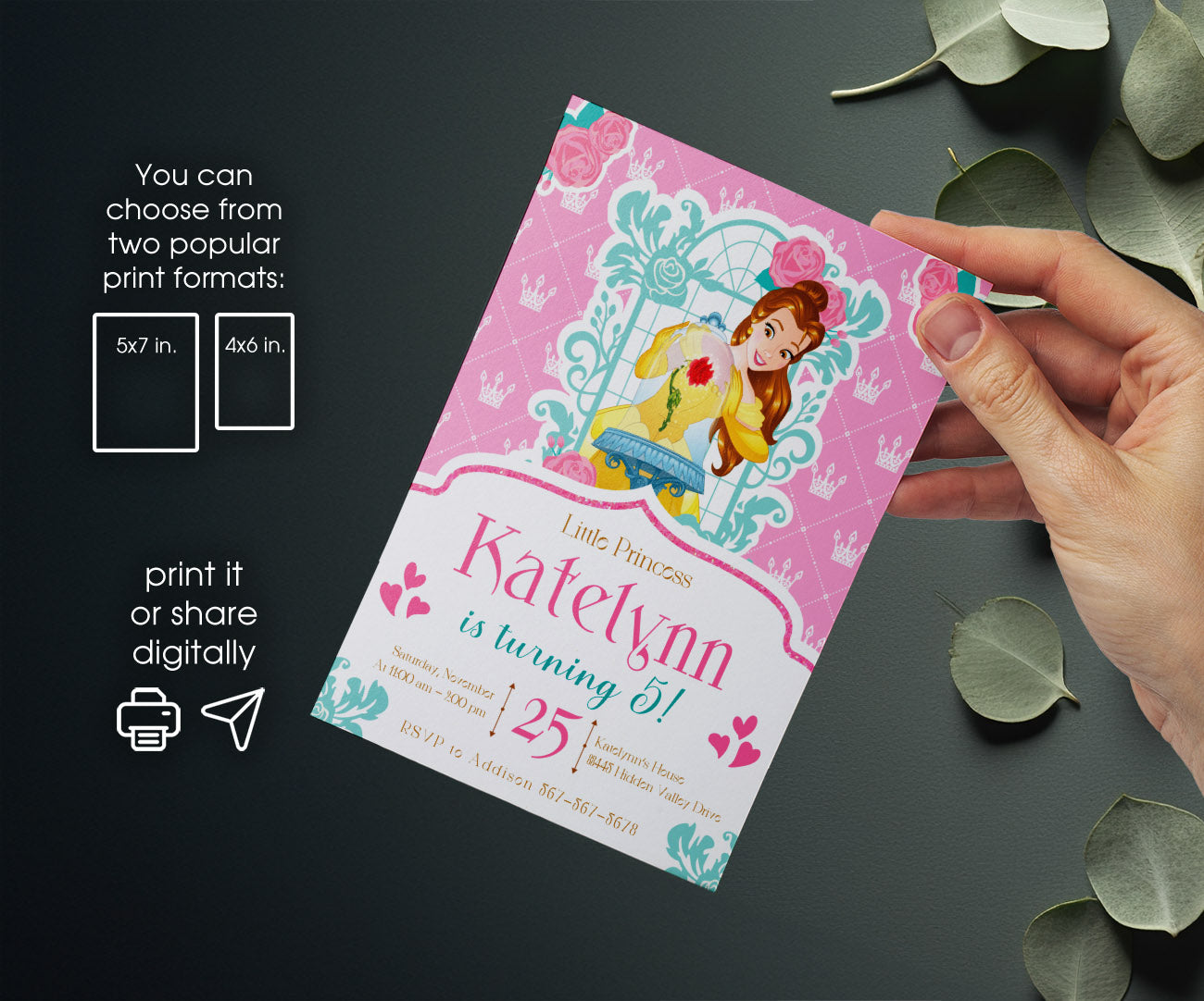 Belle Beauty And The Beast customizable invitation template | Share or Print | girl | WN985