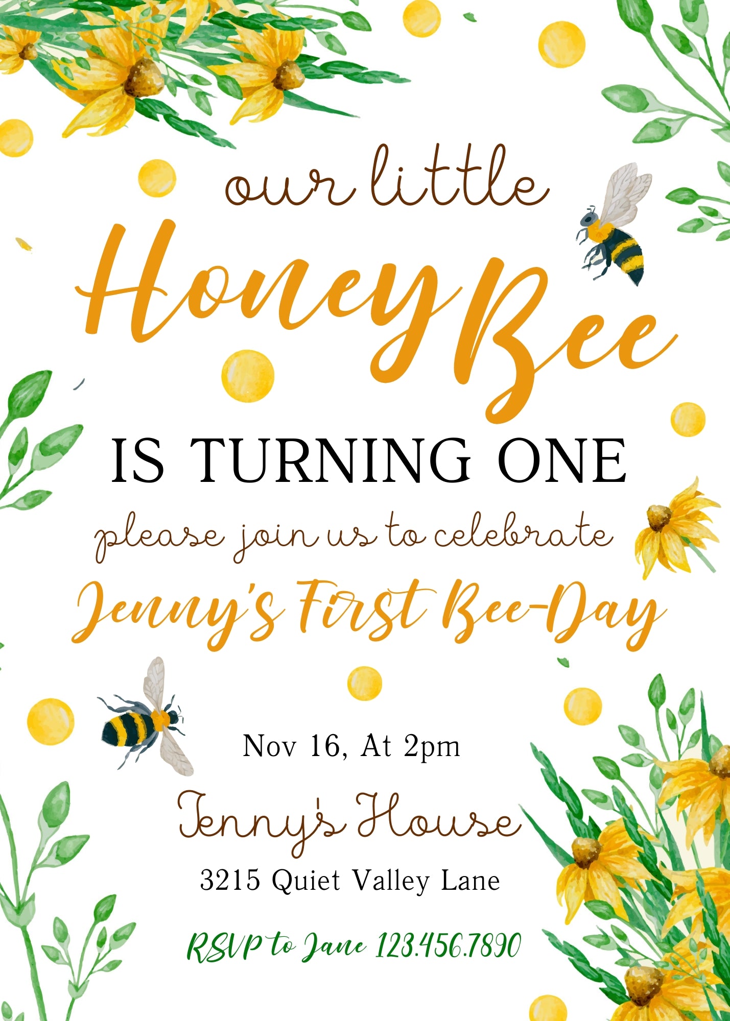 1st Bee Day Party customizable invitation template | Share or Print | JQ779