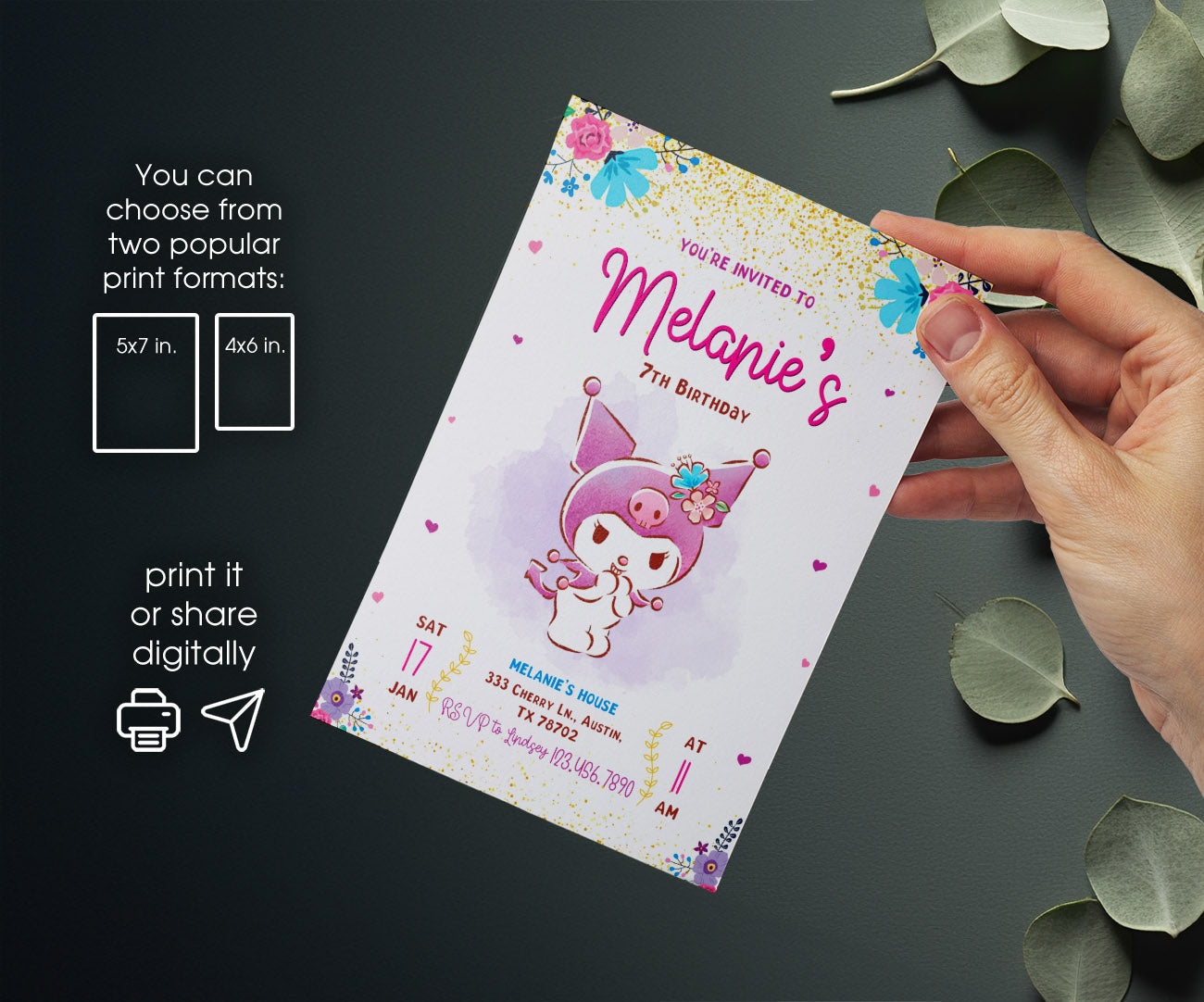 Kuromi Hello Kitty Sanrio customizable invitation template | Share or Print | IA140