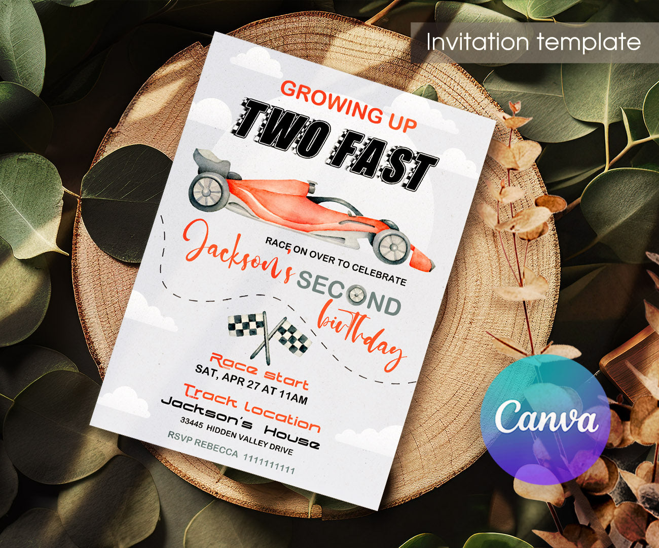 Race Car 2nd Bday Watercolor customizable invitation template | Share or Print | boy | SY090