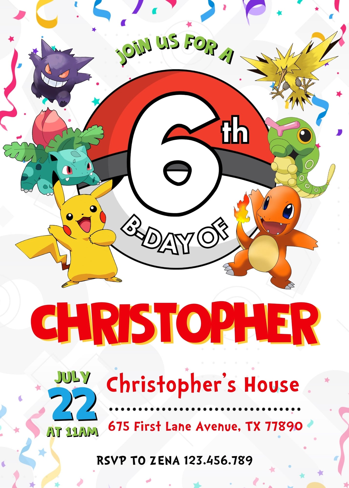 Pokemon Pikachu customizable invitation template | Share or Print | TT998
