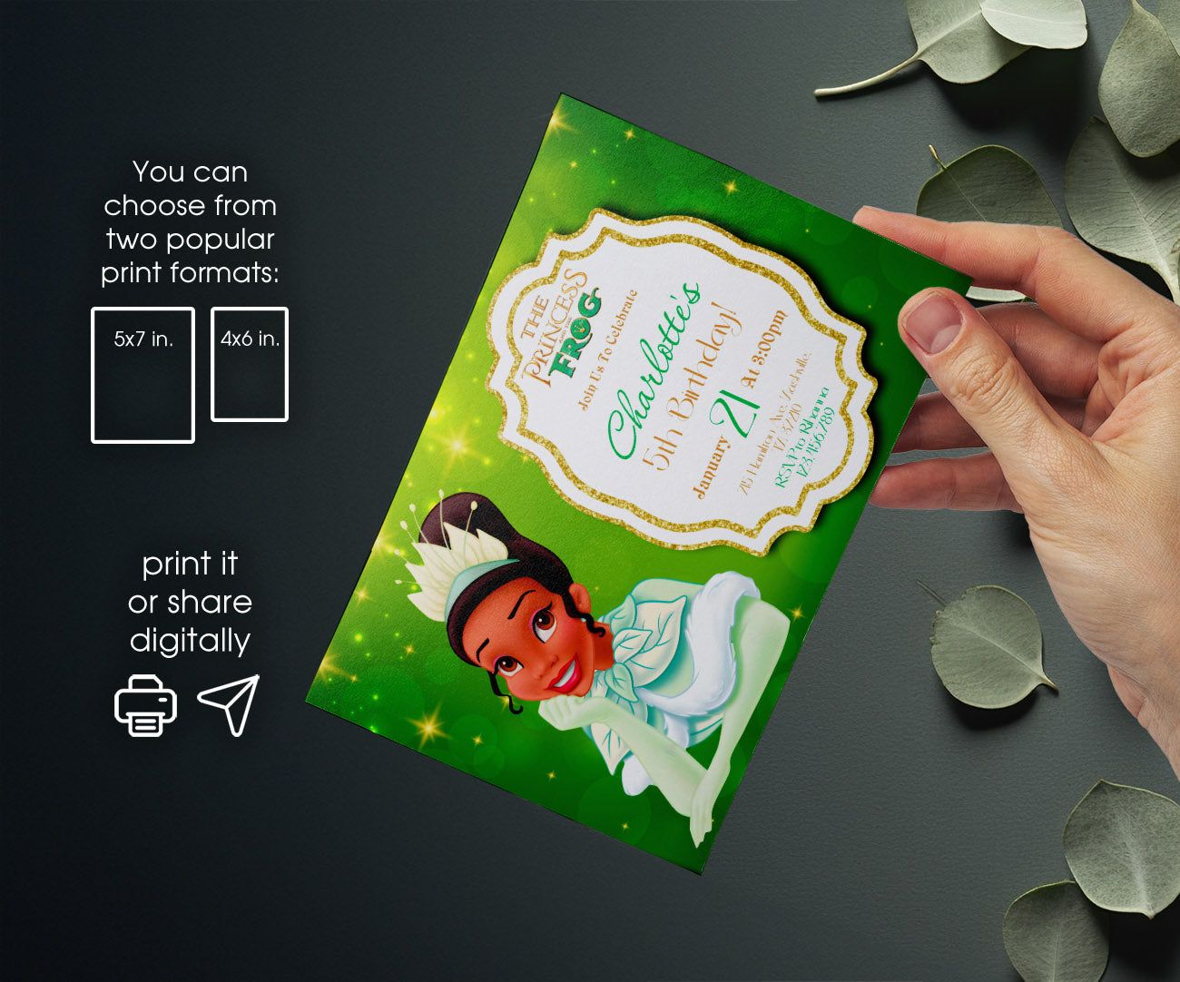 Tiana Frog Princess customizable invitation template | Share or Print | girl | EX592