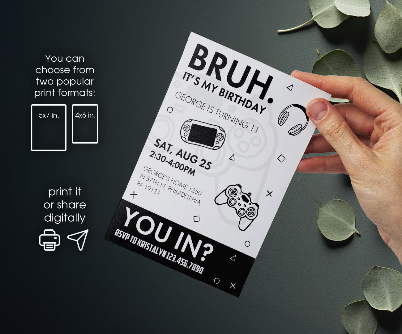 Bruh Gamer customizable invitation template | Share or Print | boy | SQ646