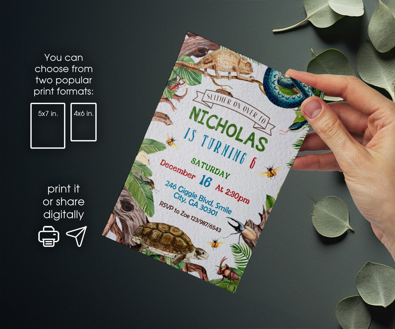 Reptile Lizard Snake customizable invitation template | Share or Print | EO126