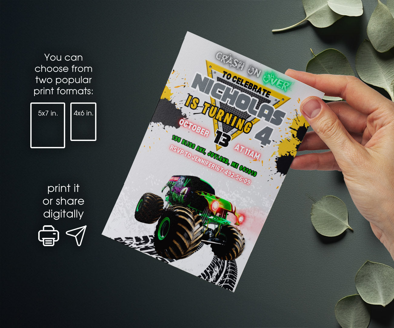Garve Digger Monster Jam Truck customizable invitation template | Share or Print | boy | TI449