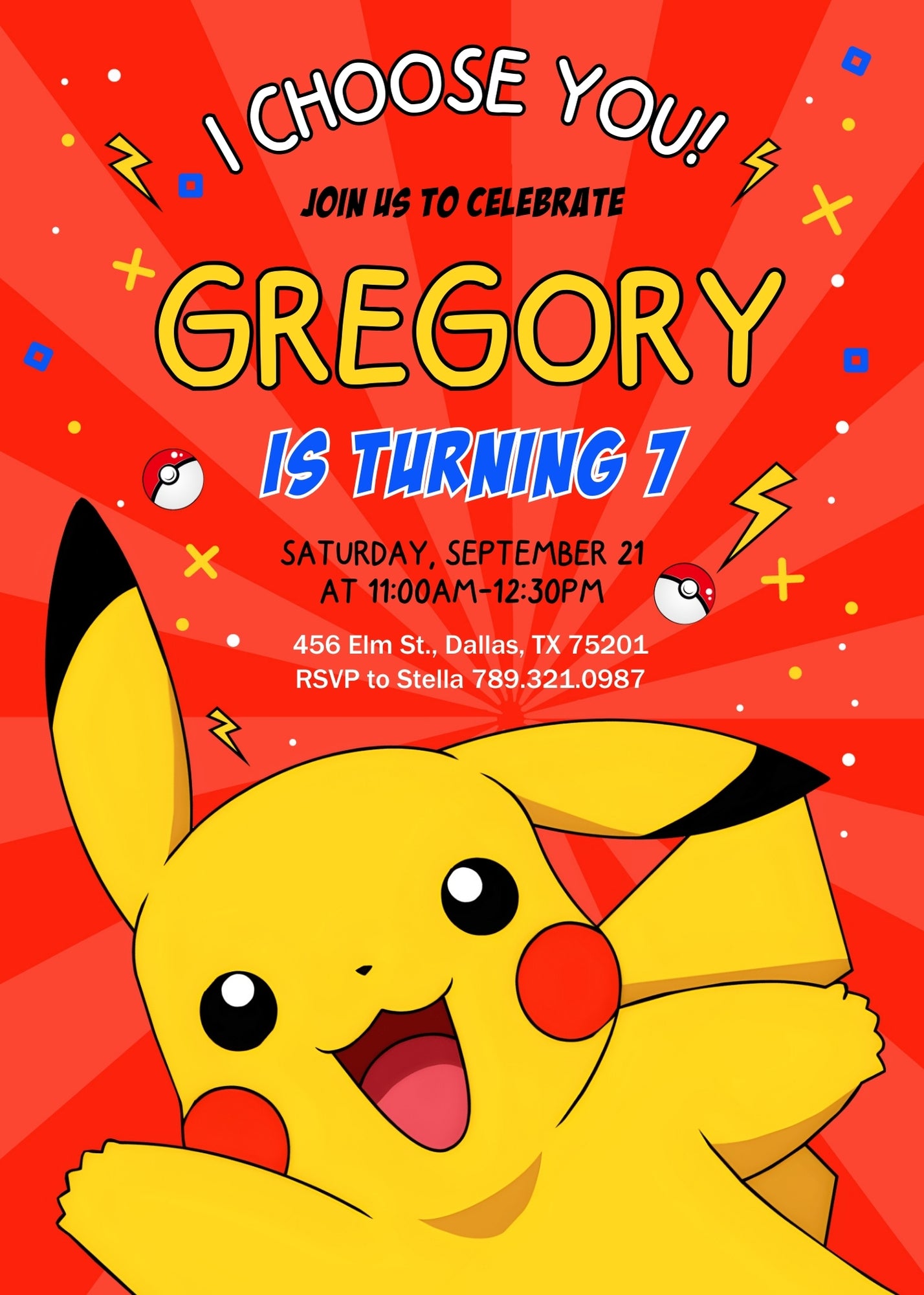 Pokemon Pikachu customizable invitation template | Share or Print | GZ522