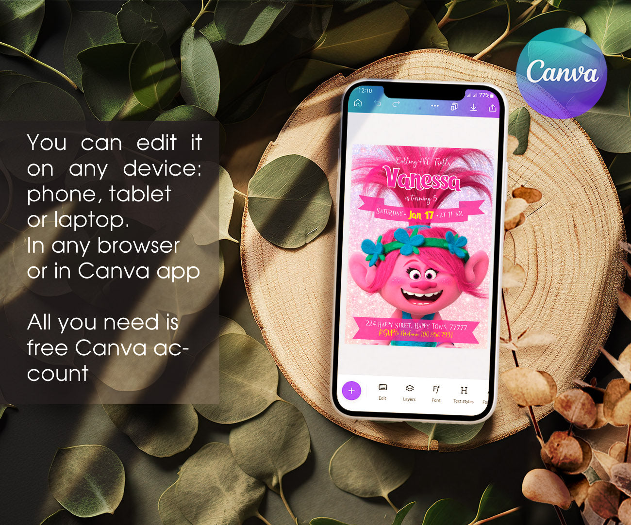 Trolls Poppy customizable invitation template | Share or Print | NE504