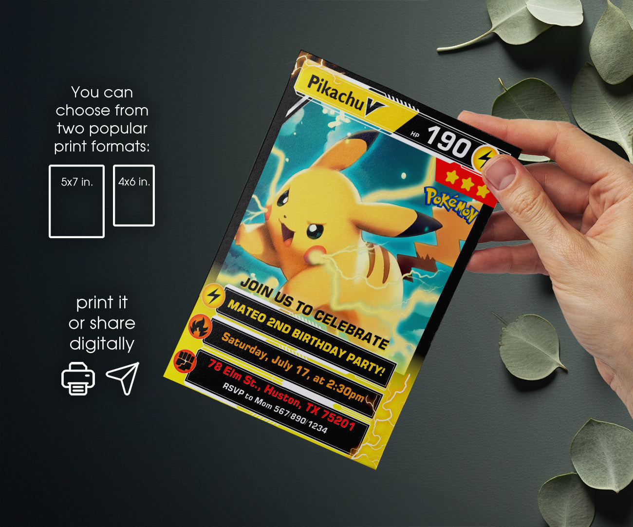 Pokemon Pikachu customizable invitation template | Share or Print | VQ709