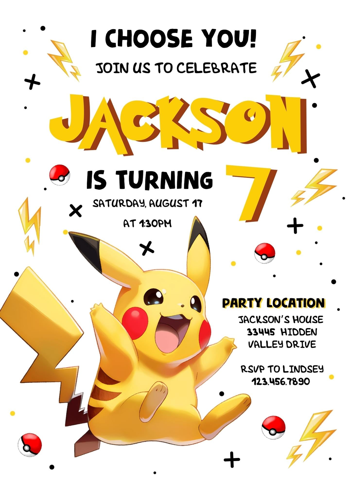 Pokemon Pikachu customizable invitation template | Share or Print | EB772