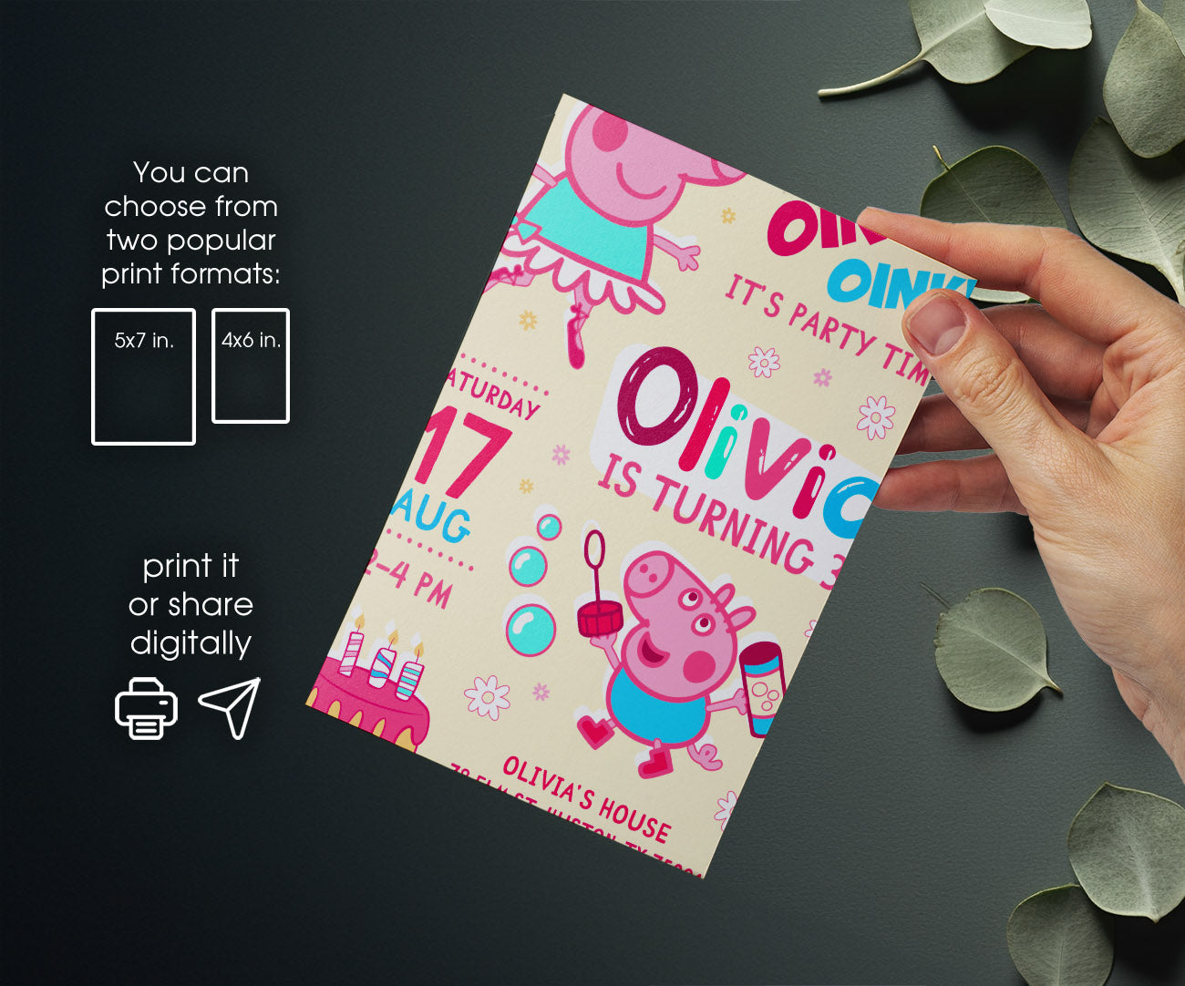 Peppa Pig customizable invitation template | Share or Print | girl | ZT883