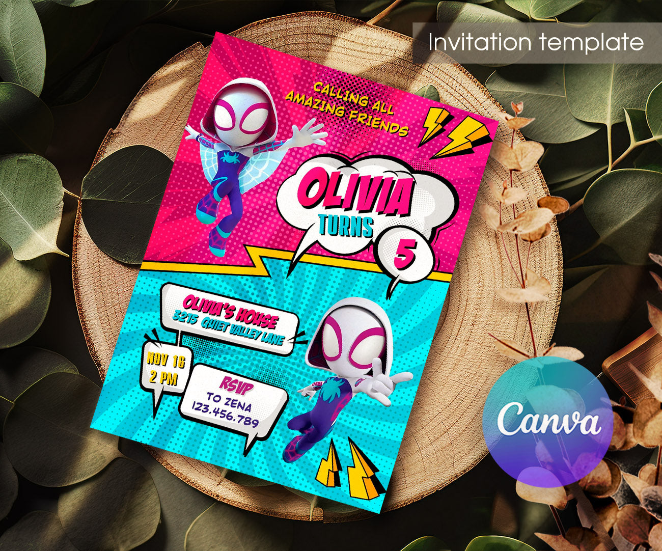 Spider Gwen Ghost Spidey customizable invitation template | Share or Print | girl | UR901