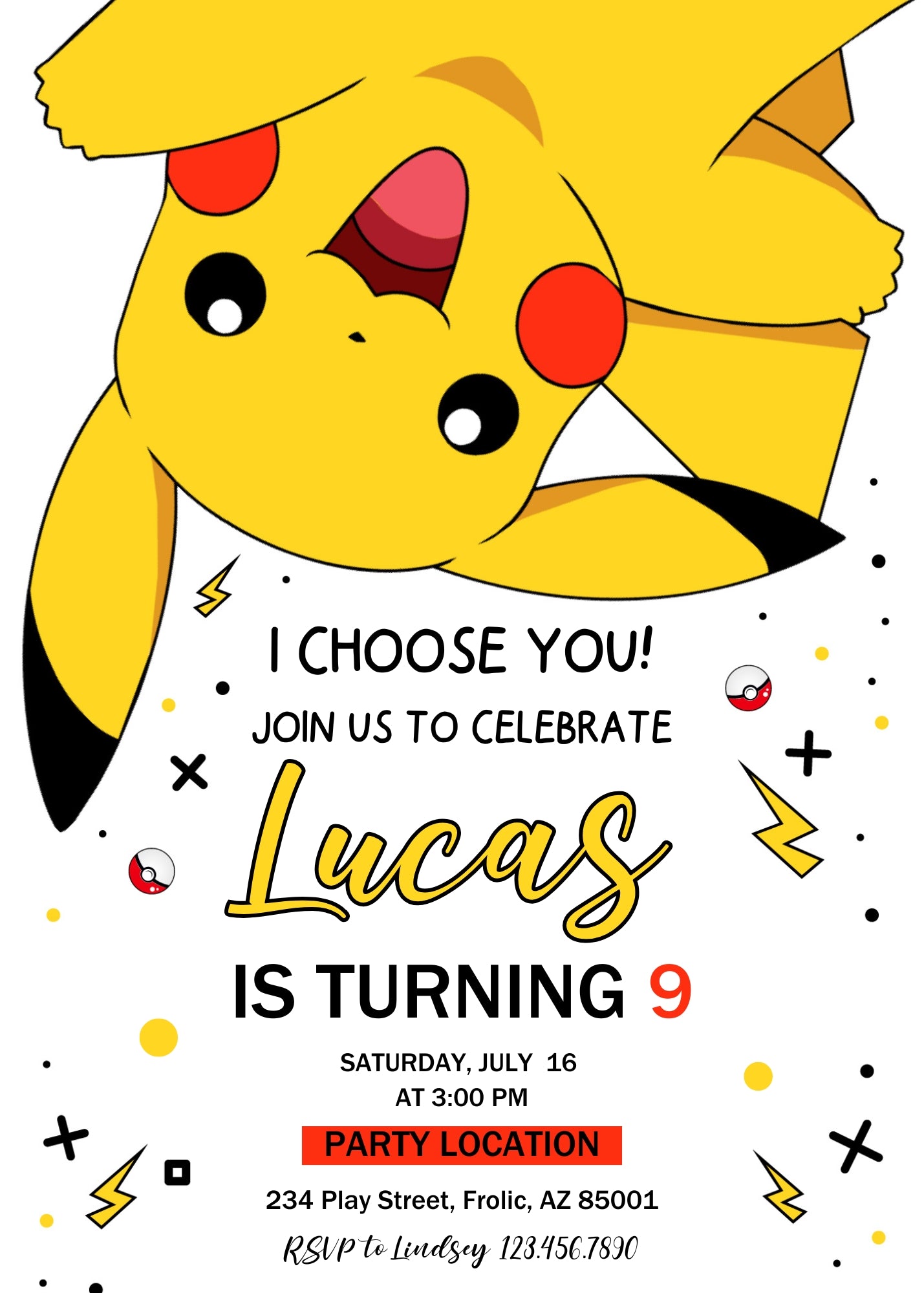 Pokemon Pikachu customizable invitation template | Share or Print | FD968