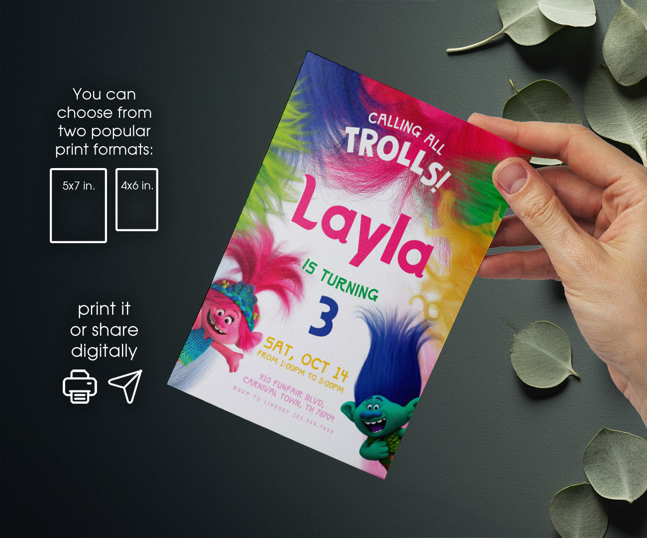Trolls Poppy customizable invitation template | Share or Print | FR563