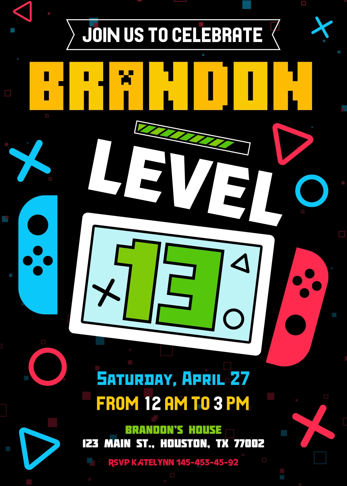 Nintendo Switch Gamer customizable invitation template | Share or Print | KF051