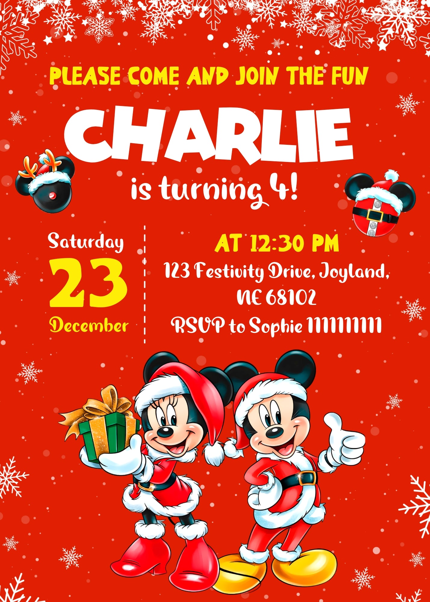 Mickey Mouse Christmas customizable invitation template | Share or Print | EV761