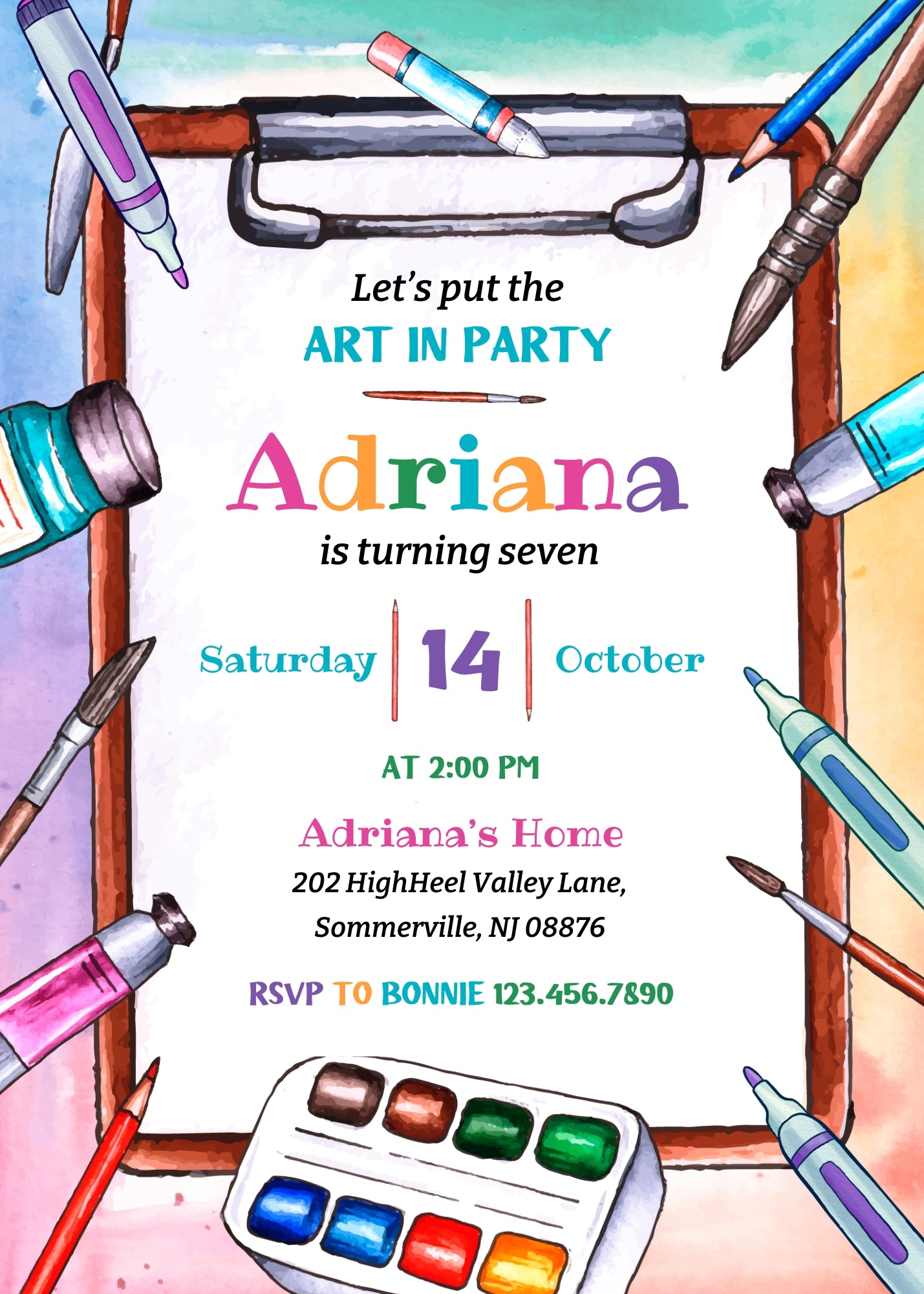 Art Party customizable invitation template | Share or Print | girl | UX925