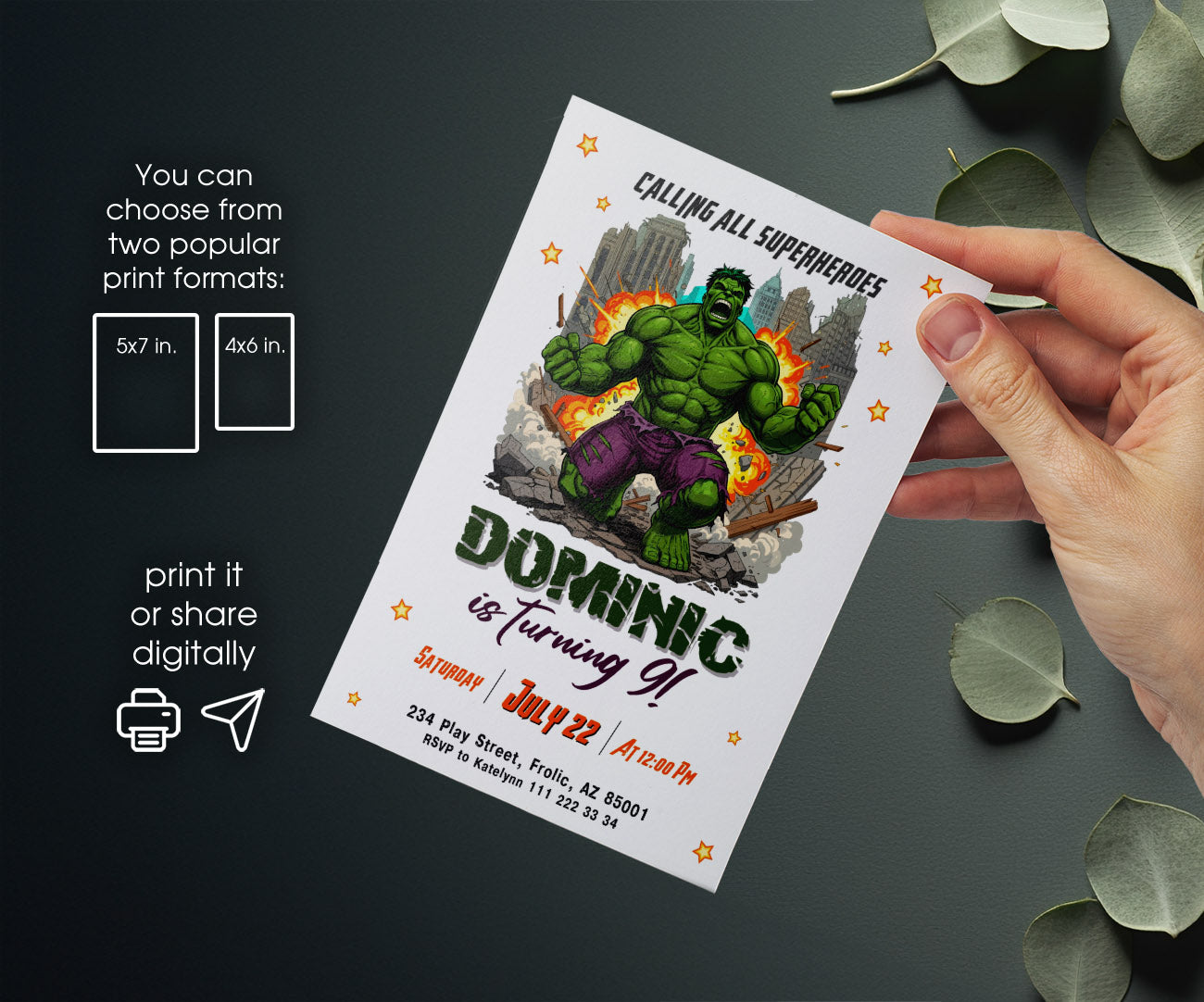 Hulk The Avengers Marvel Superhero customizable invitation template | Share or Print | boy | NS010