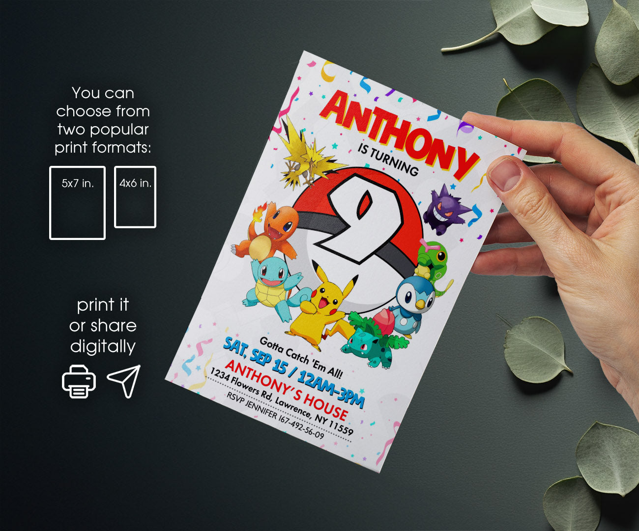Pokemon Pikachu customizable invitation template | Share or Print | LS480