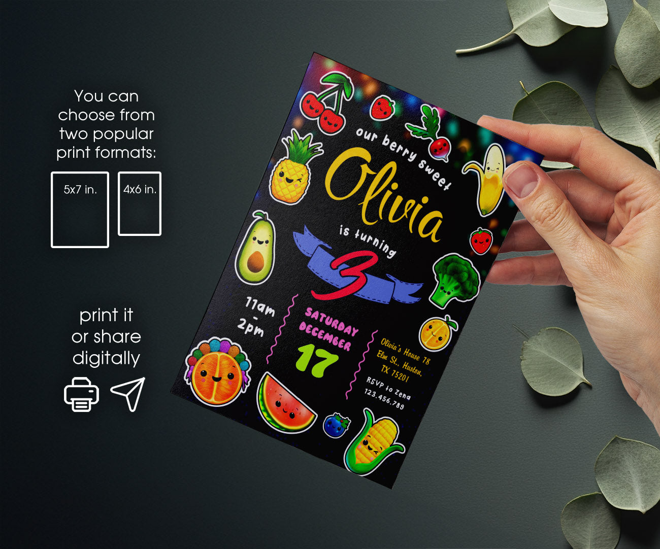 Hey Bear Sensory Dancing Fruits customizable invitation template | Share or Print | KK523