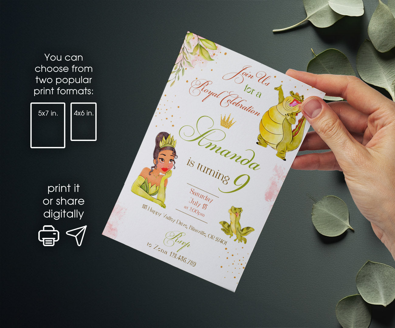 Tiana Frog Princess customizable invitation template | Share or Print | girl | HZ108