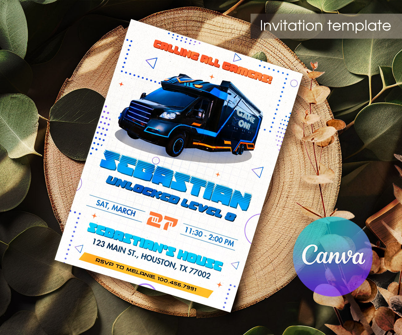 Video Game Bus Gamer customizable invitation template | Share or Print | boy | IJ347