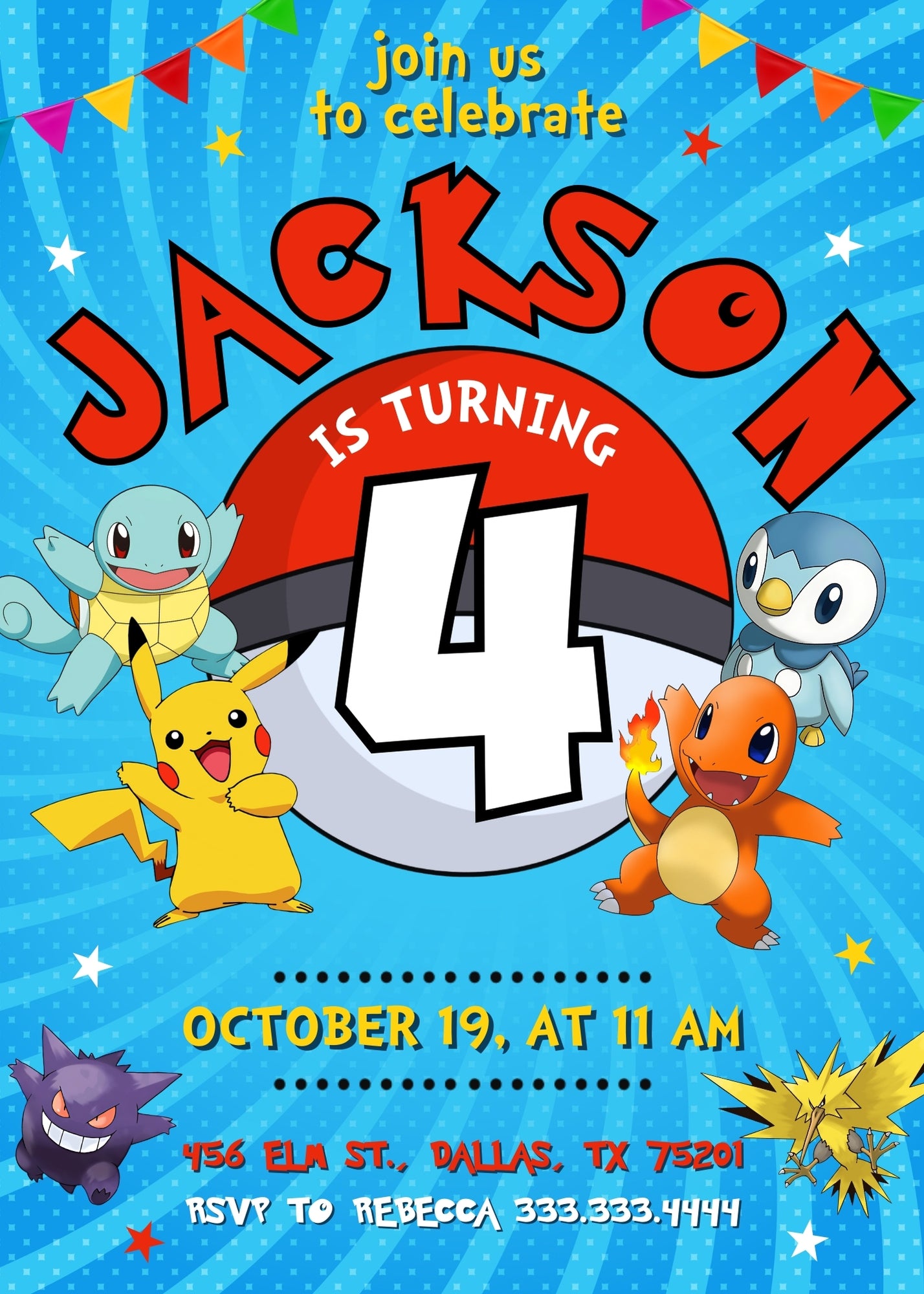 Pokemon Pikachu customizable invitation template | Share or Print | LY987