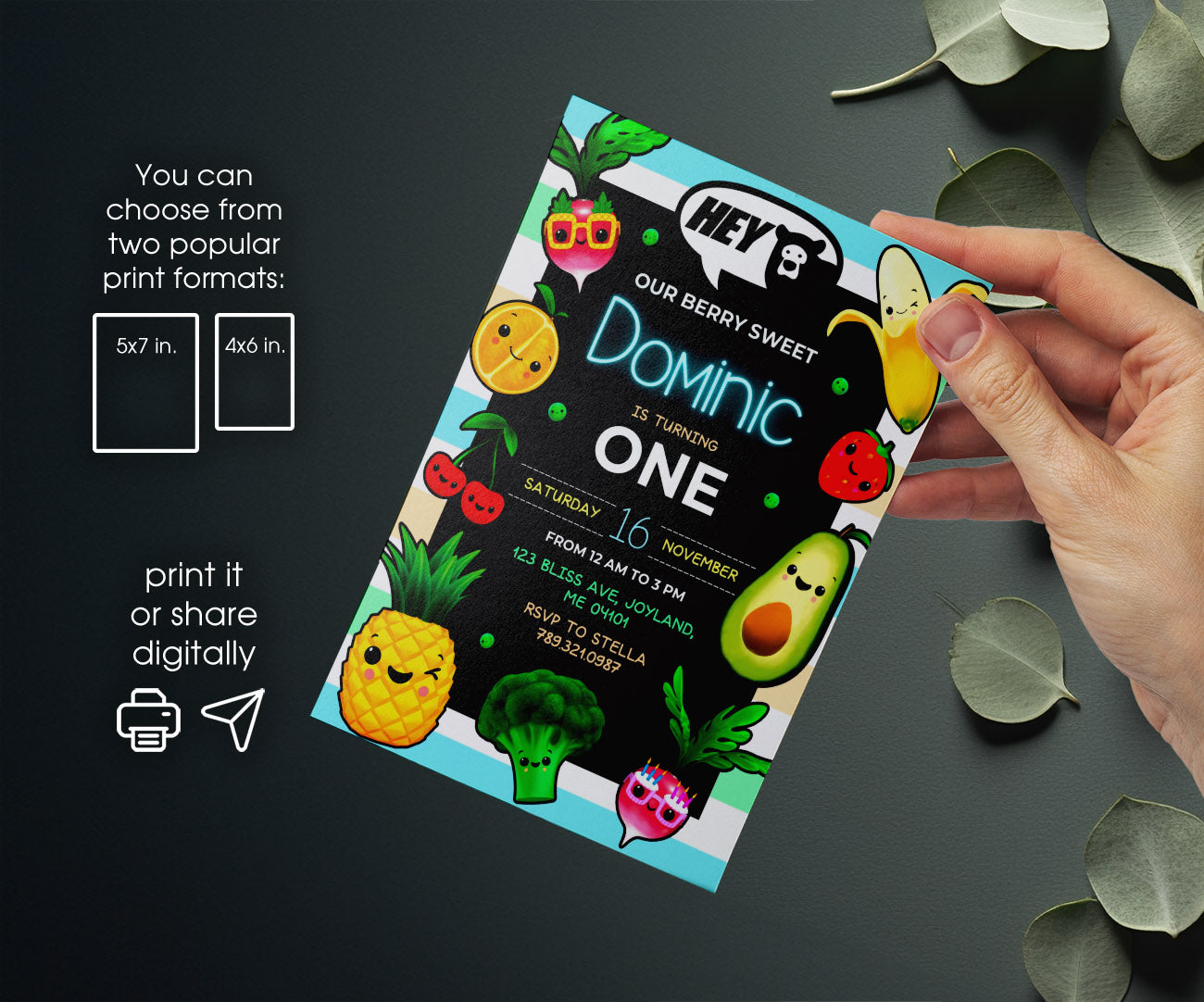 Hey Bear Sensory Dancing Fruits customizable invitation template | Share or Print | JL374