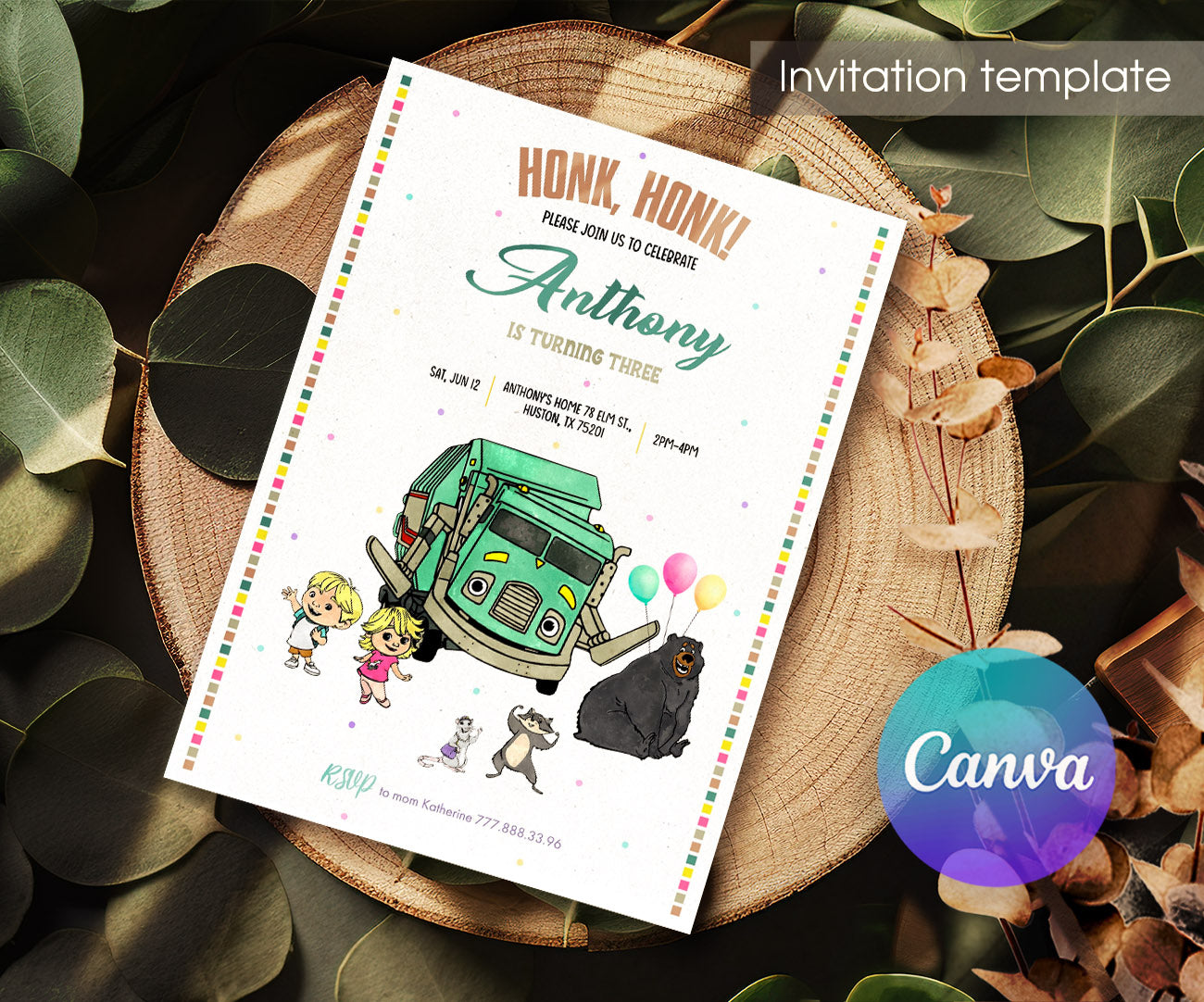 Trash Green Truck customizable invitation template | Share or Print | XK759