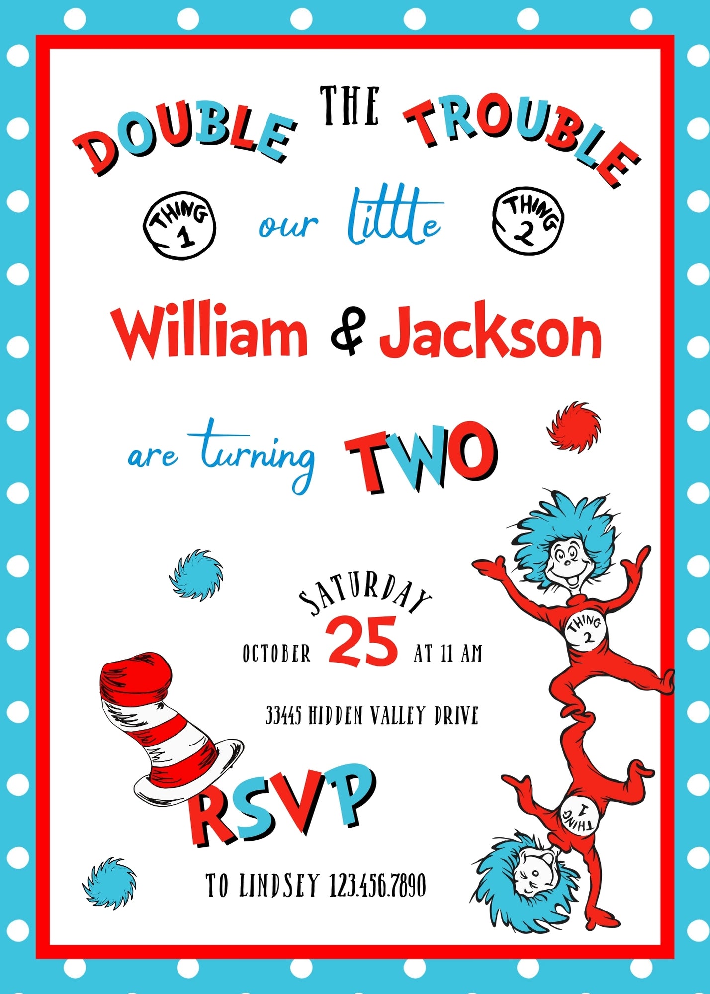Dr Seuss The Cat in the Hat Twins customizable invitation template | Share or Print | NP088