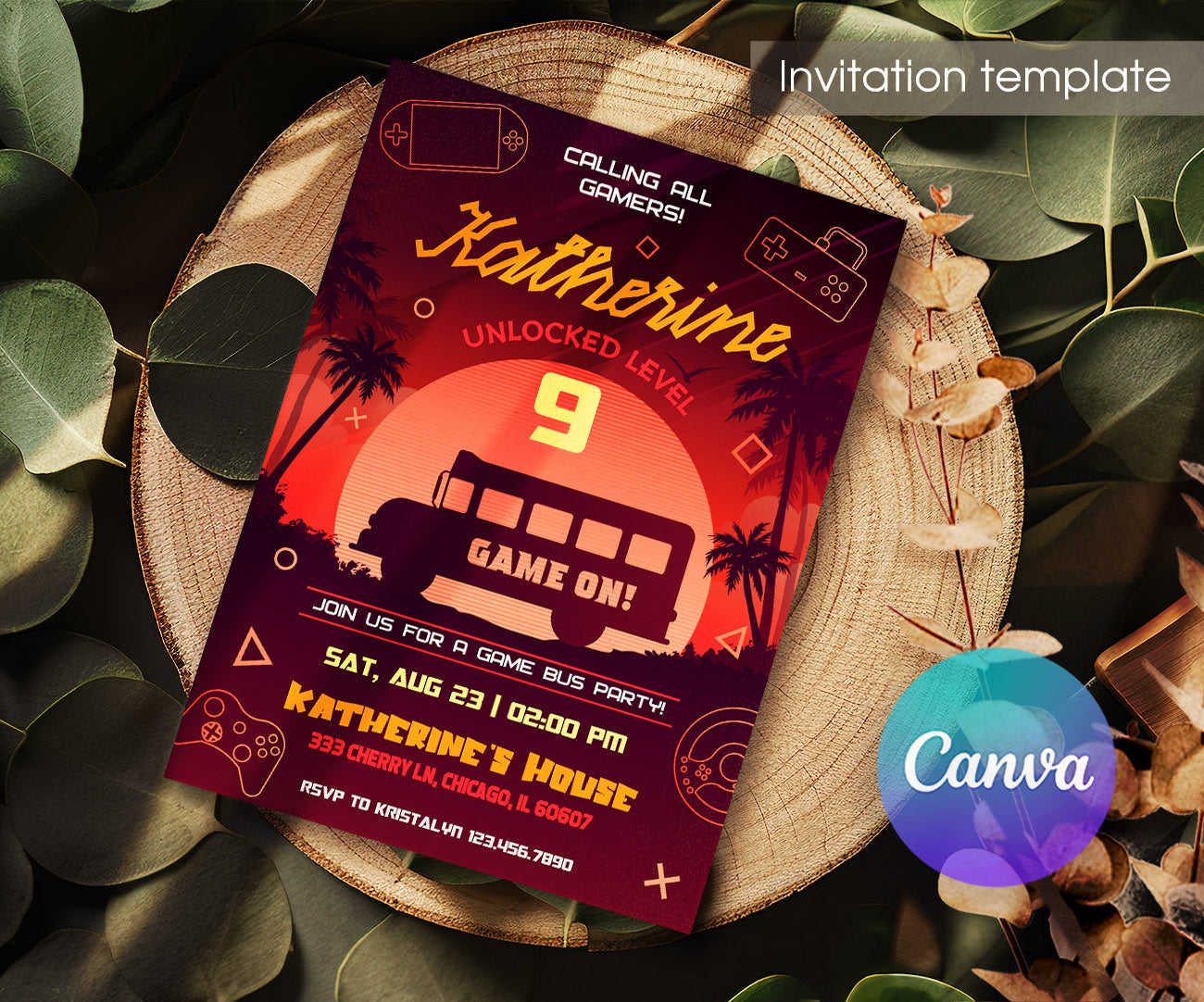 Video Game Bus Gamer customizable invitation template | Share or Print | boy | AA994