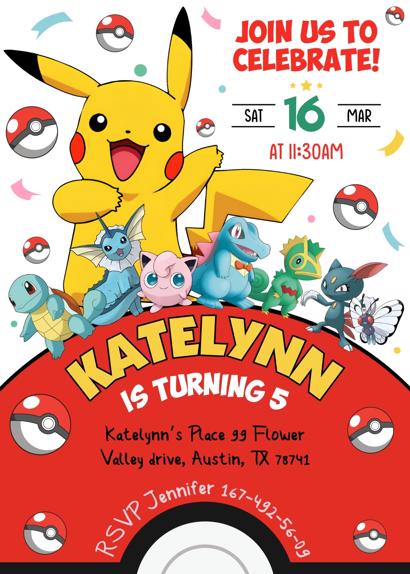 Pokemon Pikachu customizable invitation template | Share or Print | JL825