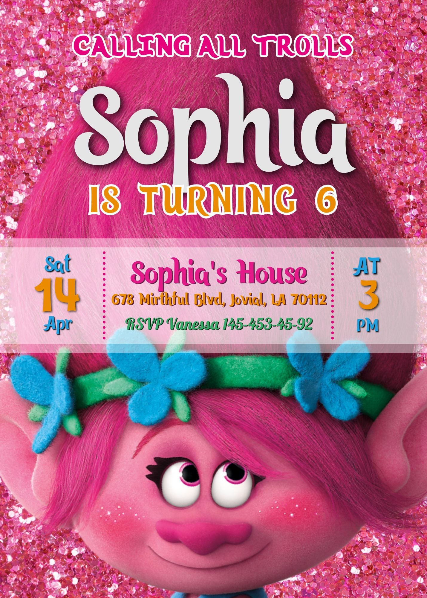 Trolls Poppy customizable invitation template | Share or Print | KU449