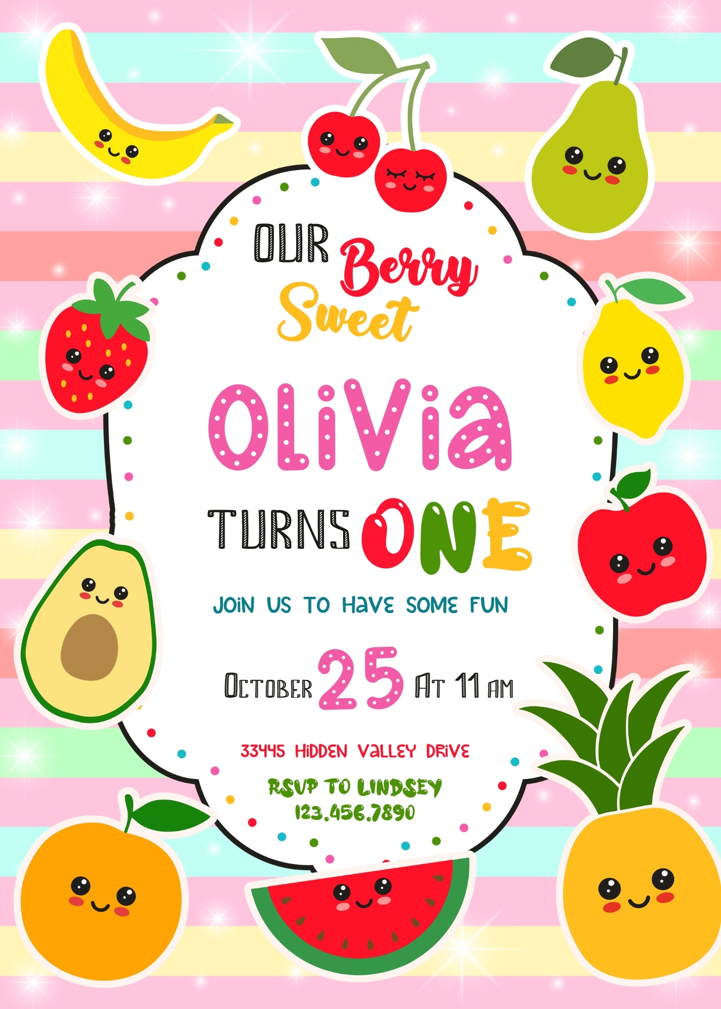 Hey Bear Sensory Dancing Fruits customizable invitation template | Share or Print | KW326