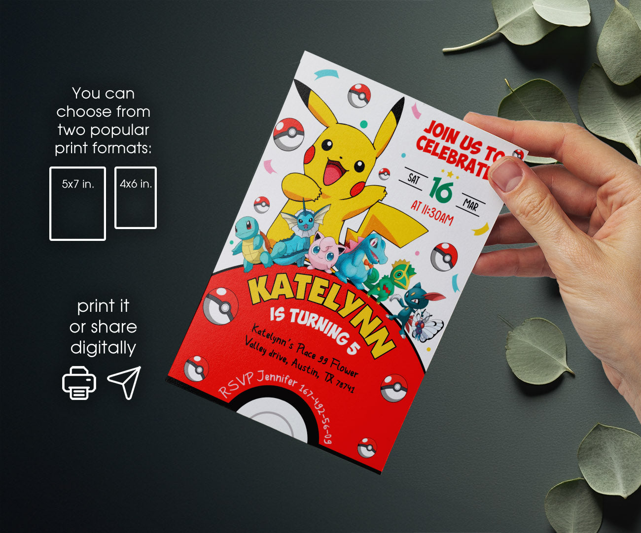 Pokemon Pikachu customizable invitation template | Share or Print | JL825