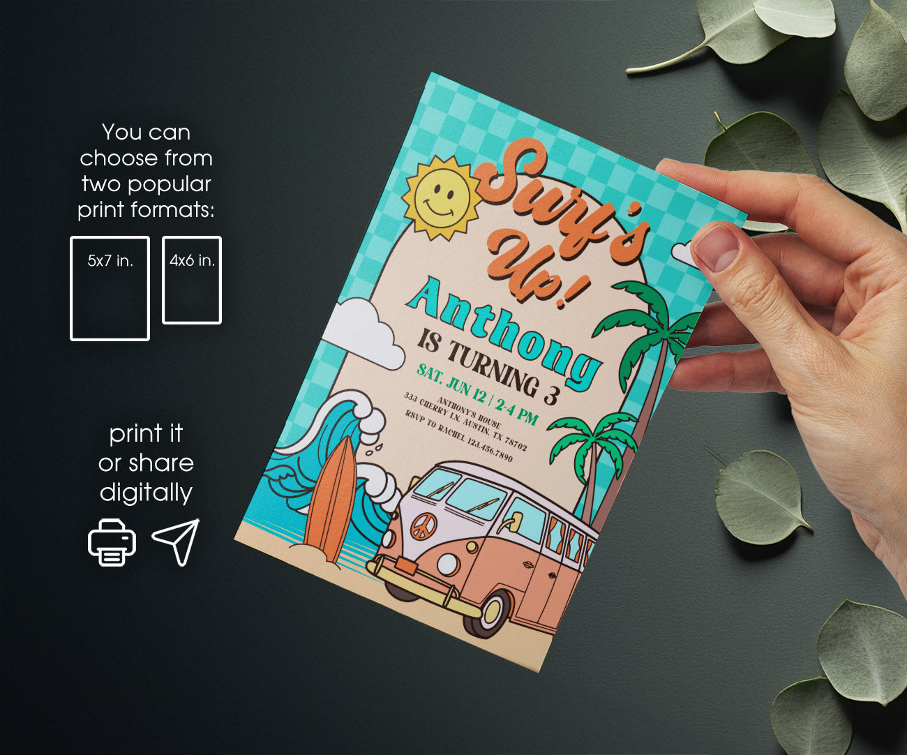 Groovy Surfvan Surfing customizable invitation template | Share or Print | DD262