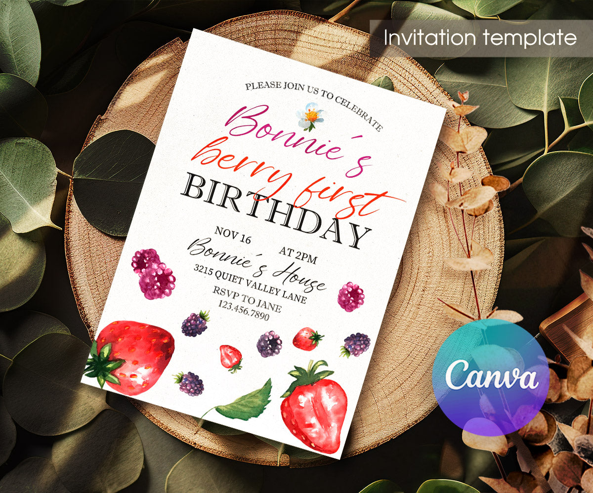 Berry First Birthday customizable invitation template | Share or Print | girl | SN041