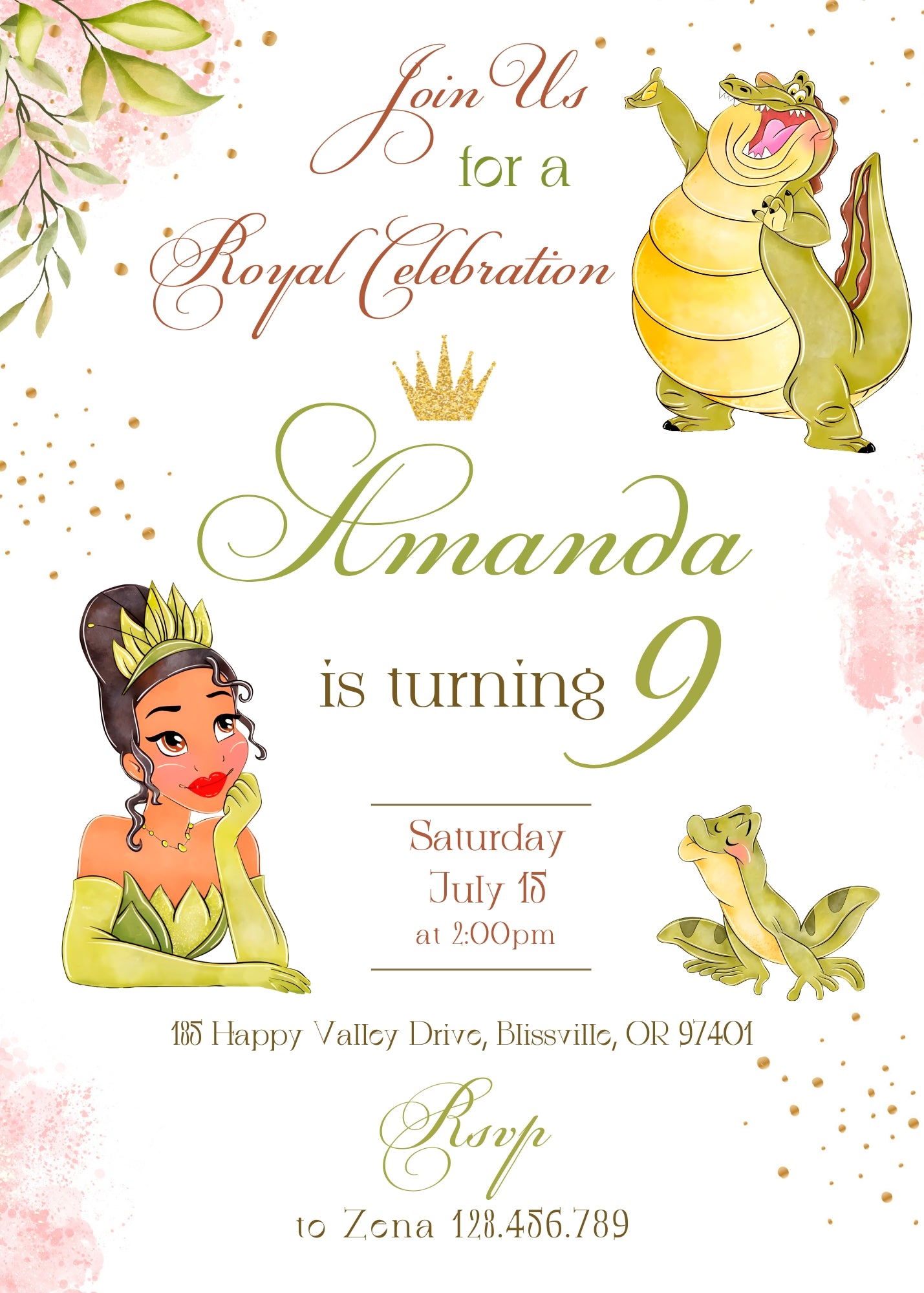 Tiana Frog Princess customizable invitation template | Share or Print | girl | HZ108