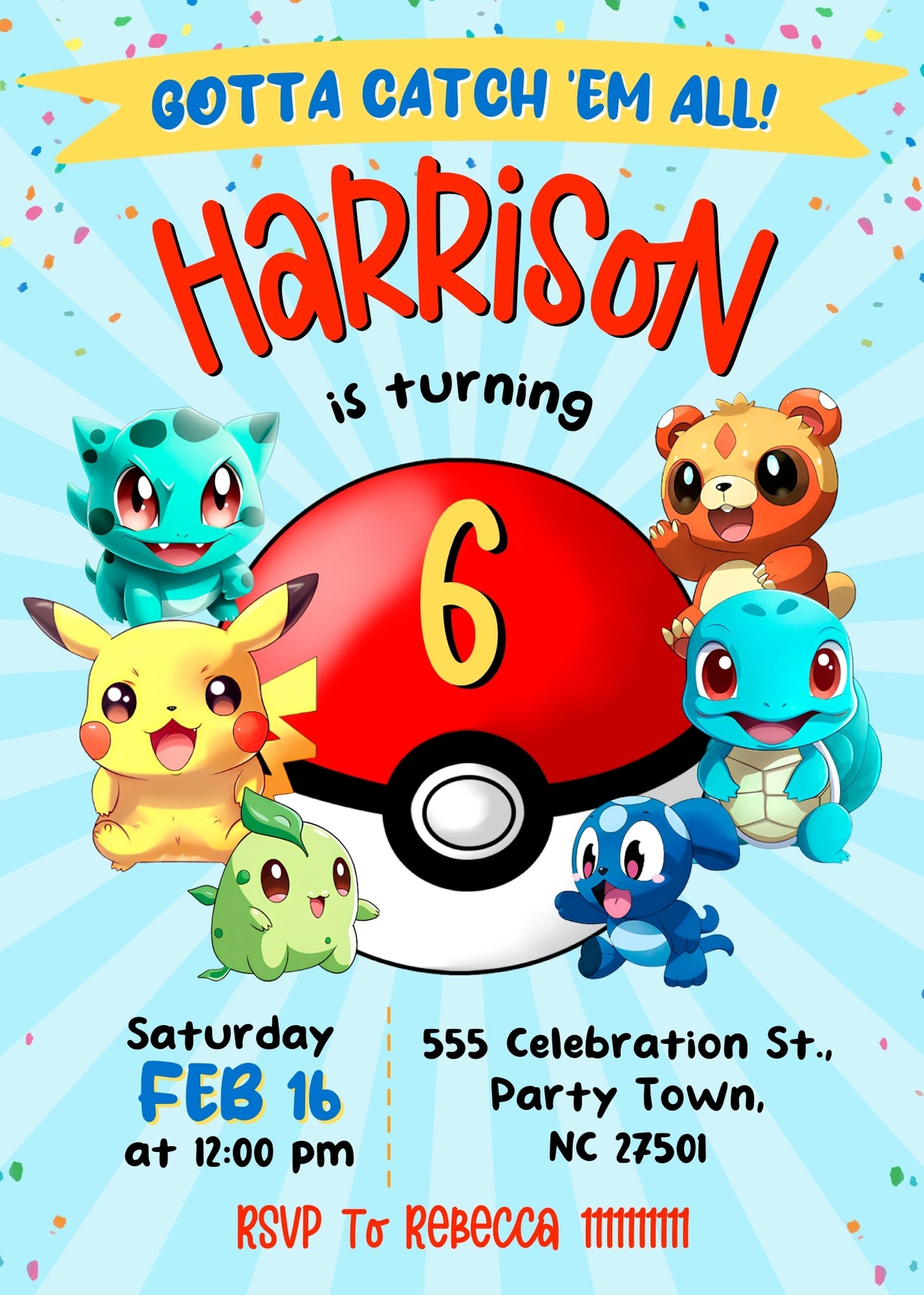 Pokemon Pikachu customizable invitation template | Share or Print | BW043
