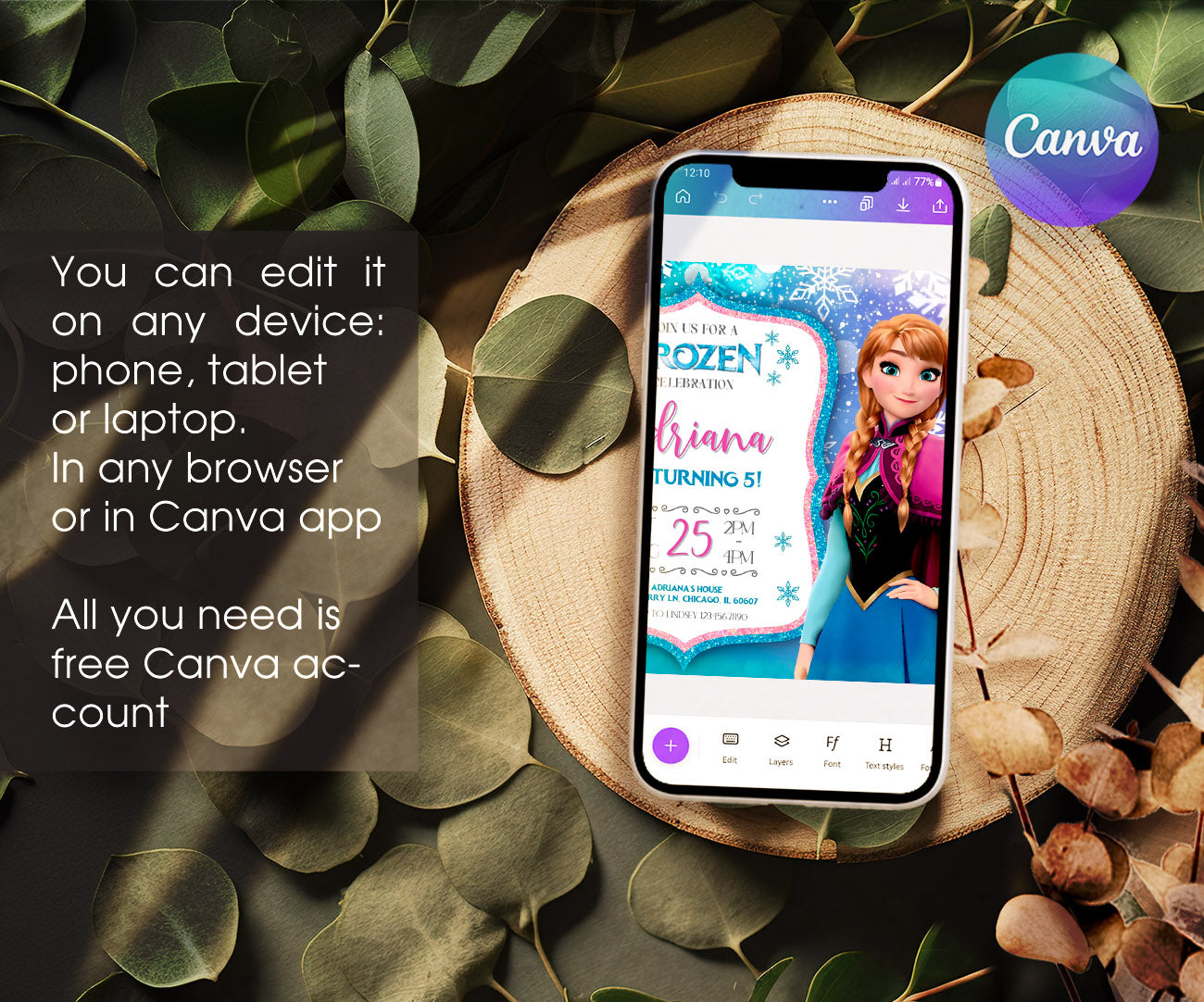 Frozen Elsa customizable invitation template | Share or Print | girl | HD740
