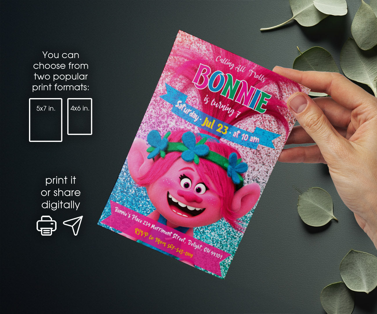 Trolls Poppy customizable invitation template | Share or Print | KH011
