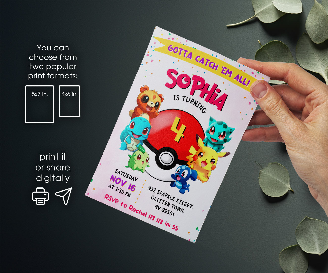 Pokemon Pikachu customizable invitation template | Share or Print | PN376