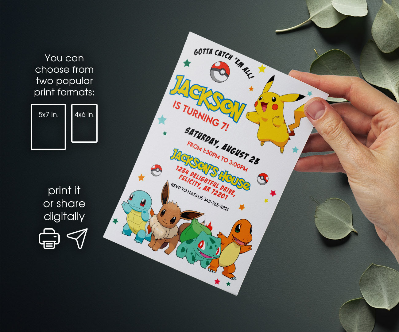 Pokemon Pikachu customizable invitation template | Share or Print | HK454