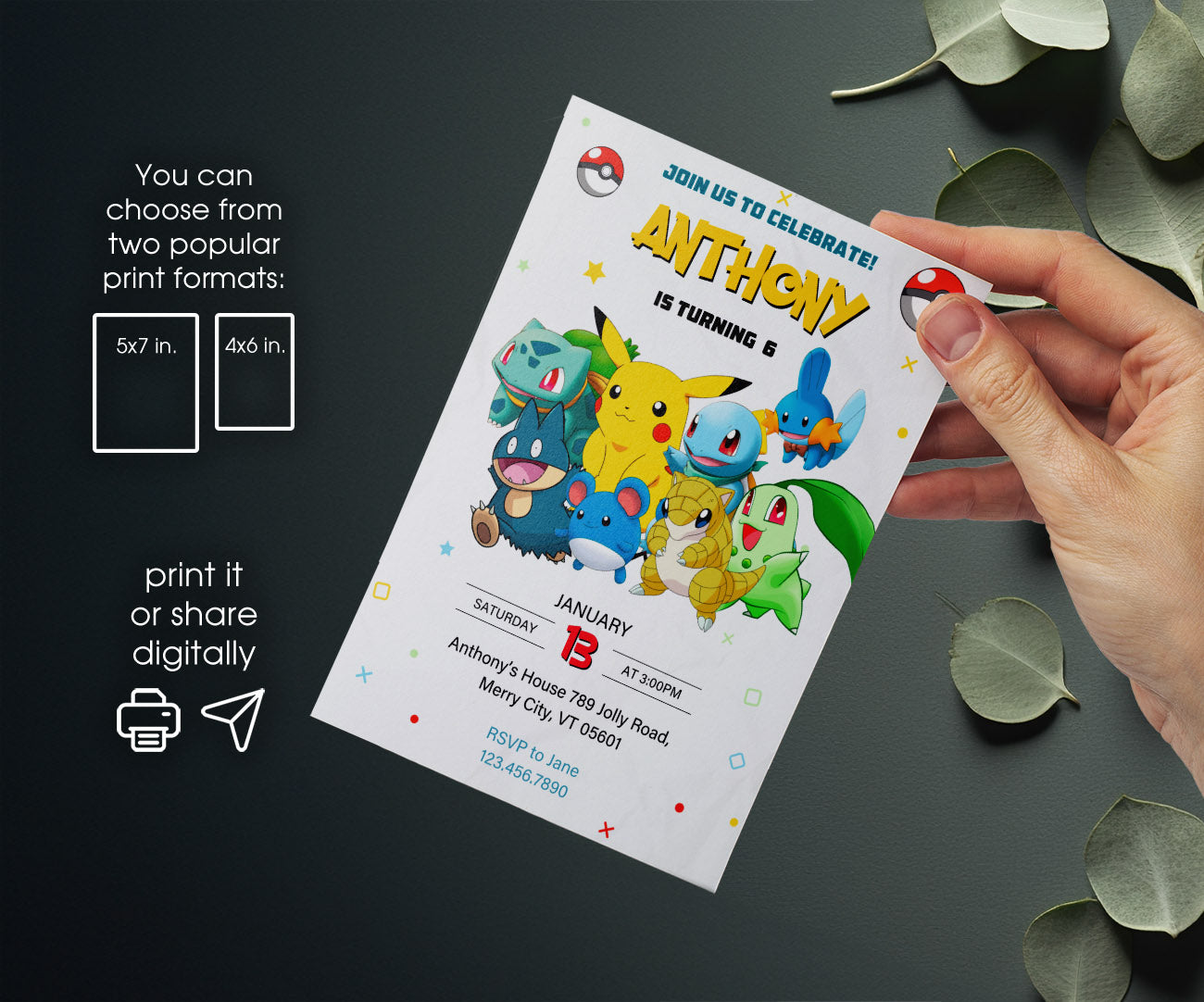 Pokemon Pikachu customizable invitation template | Share or Print | JU366